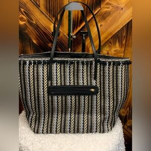 Striped Black and Cream Tote Bag with Zip Pocket